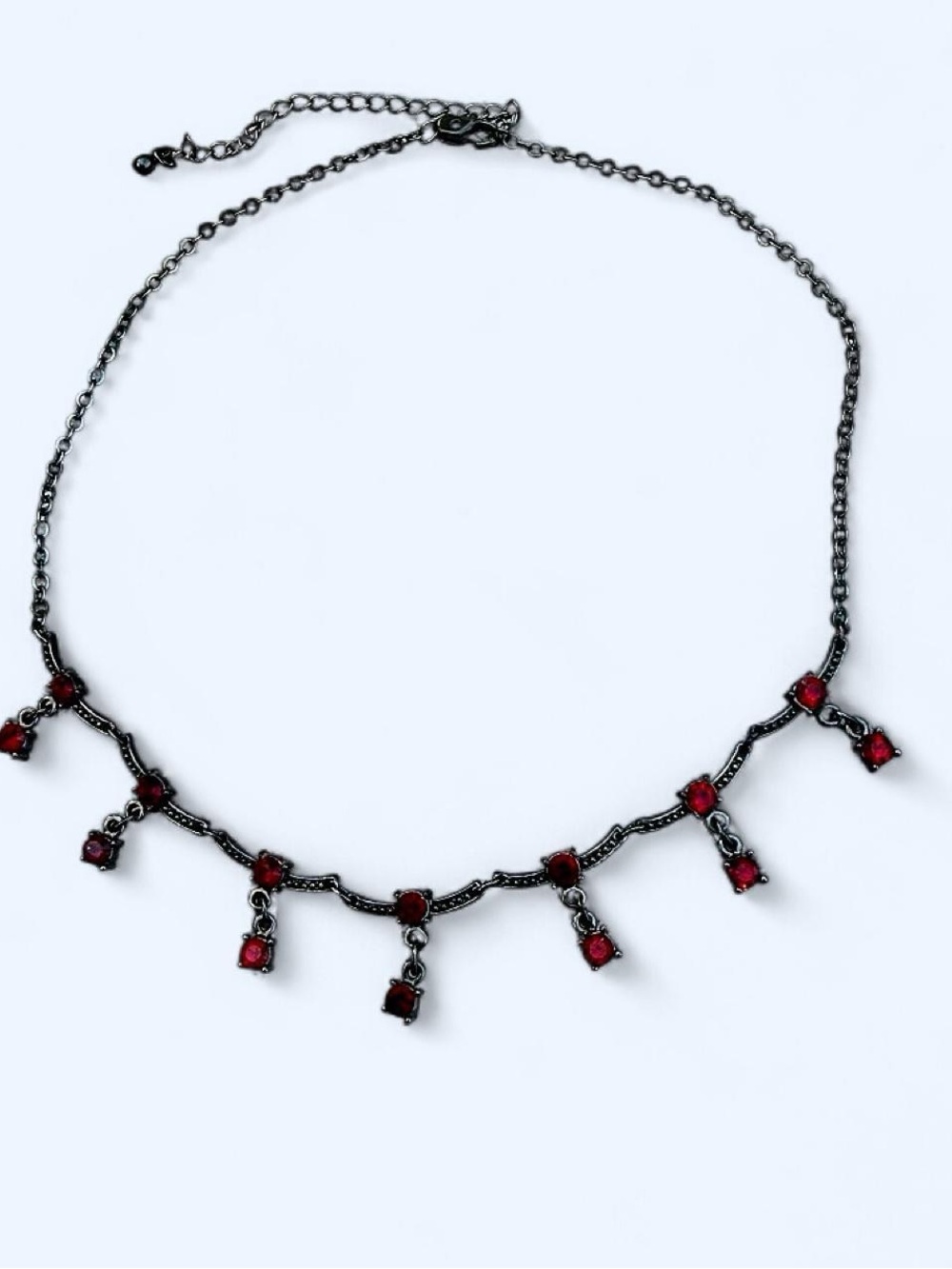 Deep Red Rhinestone Fringe Choker Necklace Gunmetal Romantic